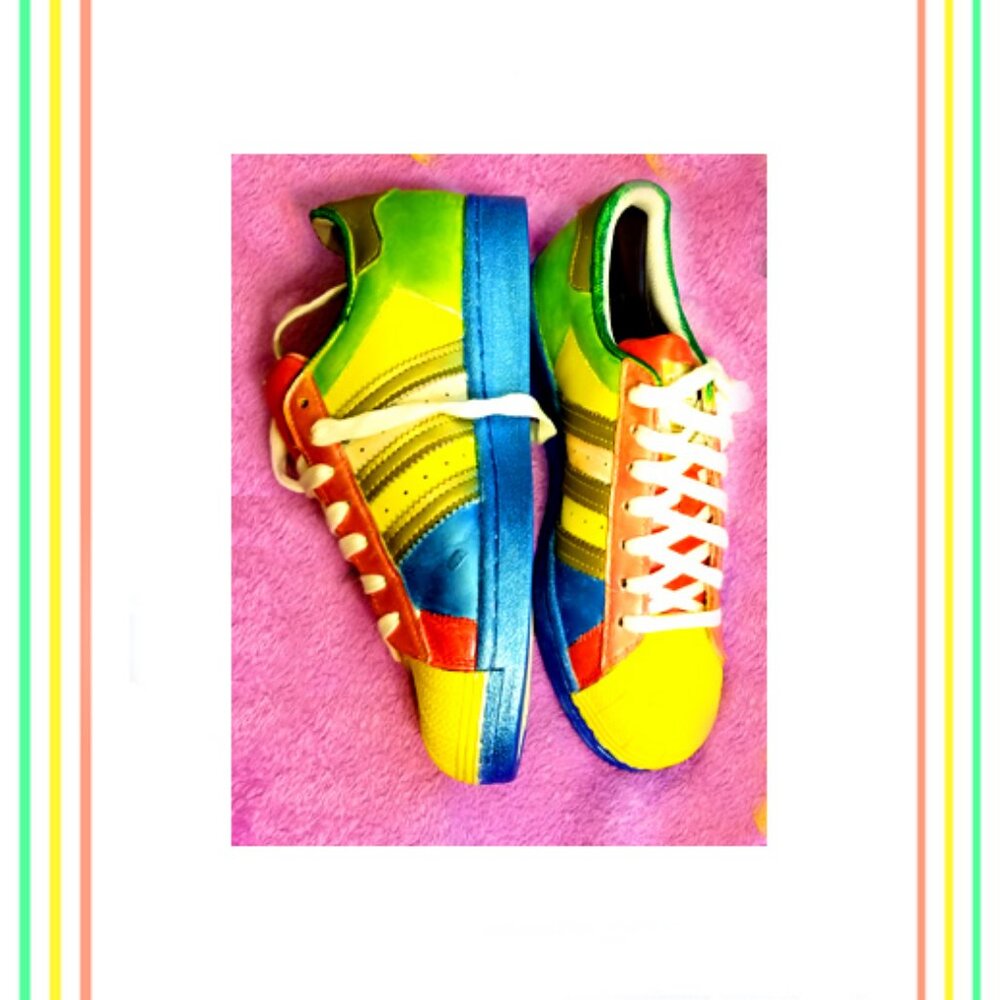 One Of A Kind Adidas Originals Leather Athletic Metallic Glitter Parrot Sneakers